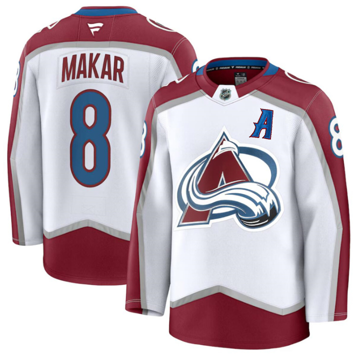 Men's Colorado Avalanche #8 Cale Makar White with A Patch 2024-25 Away Stitched Jersey Men's Colorado Avalanche #8 Cale Makar White with A Patch 2024-25 Away Stitched Jersey