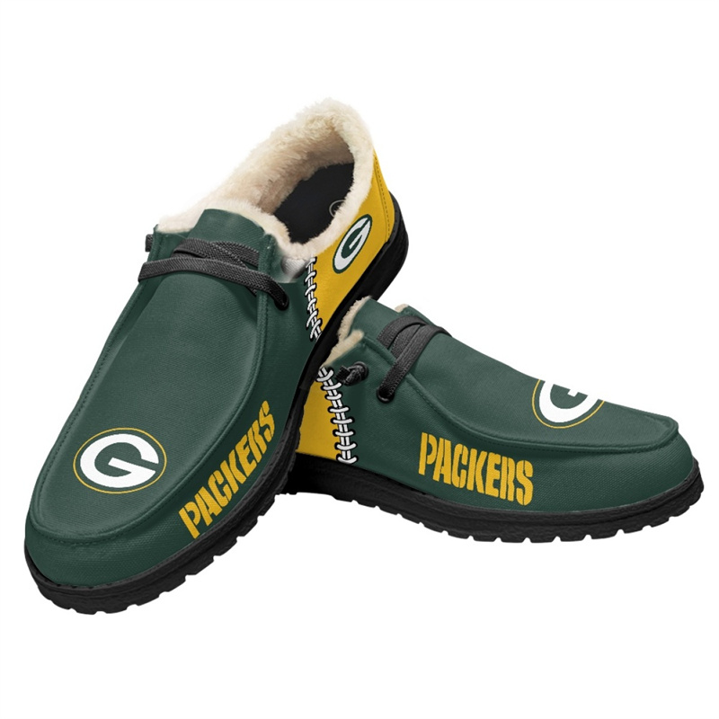 Women's Green Bay Packers Loafers Lace Up Fuzzy Lined Shoes 002 (Pls check description for details)