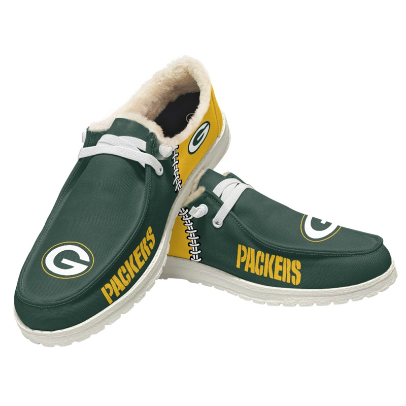 Women's Green Bay Packers Loafers Lace Up Fuzzy Lined Shoes 001 (Pls check description for details)