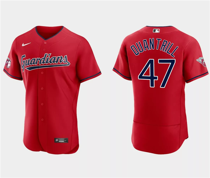 Men's Cleveland Guardians #47 Cal Quantrill Red Flex Base Stitched Jersey Men's Cleveland Guardians #47 Cal Quantrill Red Flex Base Stitched Jersey