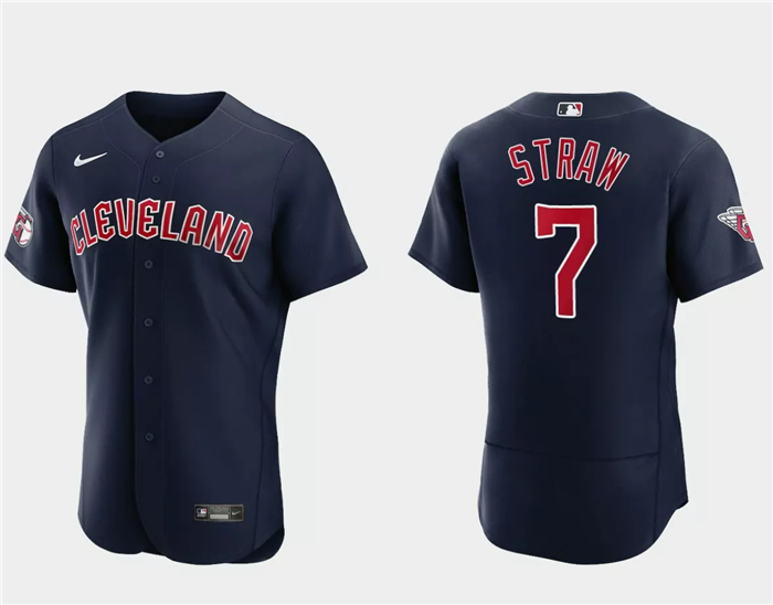 Men's Cleveland Guardians #7 Myles Straw Navy Flex Base Stitched Jersey Men's Cleveland Guardians #7 Myles Straw Navy Flex Base Stitched Jersey