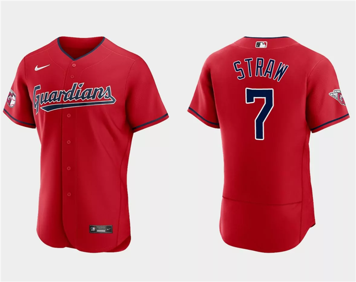 Men's Cleveland Guardians #7 Myles Straw Red Flex Base Stitched Jersey Men's Cleveland Guardians #7 Myles Straw Red Flex Base Stitched Jersey