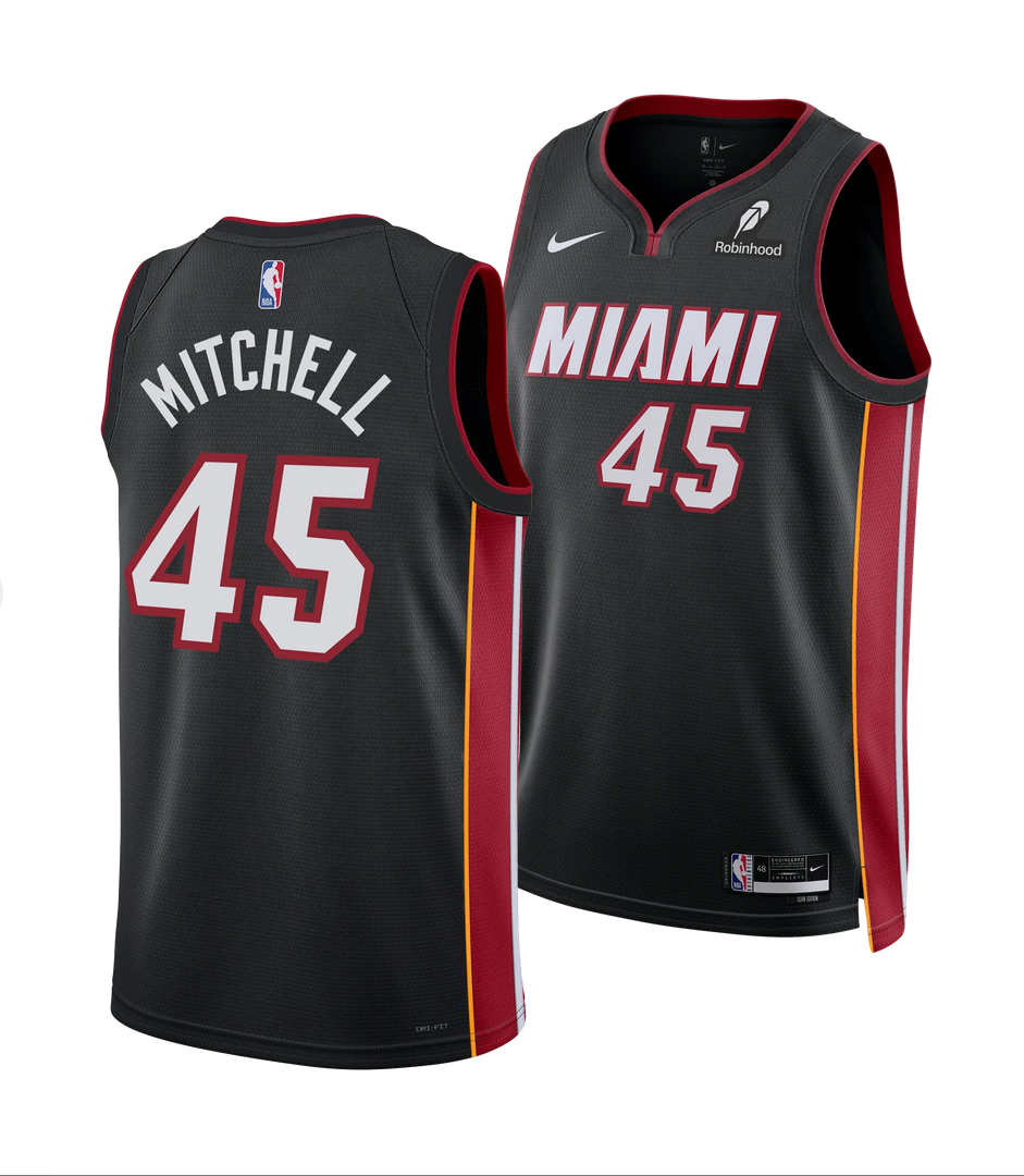 Men's Miami Heat #45 Davion Mitchell Black 2025 Icon Edition Swingman Stitched Basketball Jersey Men's Miami Heat #45 Davion Mitchell Black 2025 Icon Edition Swingman Stitched Basketball Jersey