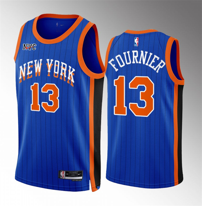 Men's New Yok Knicks #13 Evan Fournier Blue 2023/24 City Edition Stitched Basketball Jersey Men's New Yok Knicks #13 Evan Fournier Blue 2023/24 City Edition Stitched Basketball Jersey