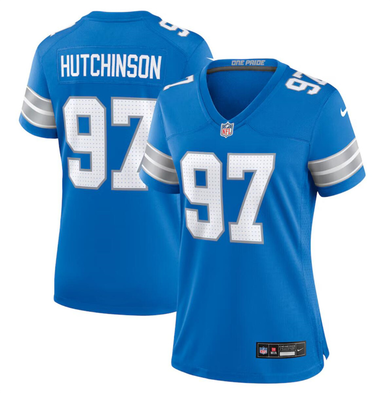 Women's Detroit Lions #97 Aidan Hutchinson Blue Stitched Jersey(Run Smaller) Women's Detroit Lions #97 Aidan Hutchinson Blue Stitched Jersey(Run Smaller)