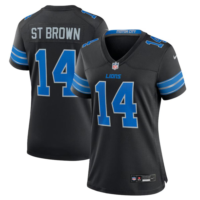 Women's Detroit Lions #14 Amon-Ra St. Brown Black 2nd Alternate Stitched Jersey(Run Smaller) Women's Detroit Lions #14 Amon-Ra St. Brown Black 2nd Alternate Stitched Jersey(Run Smaller)