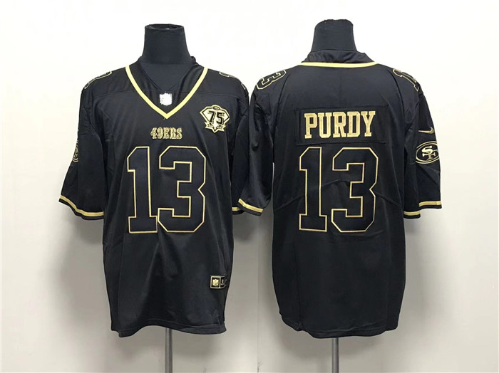 Men's San Francisco 49ers #13 Brock Purdy Black Gold With 75th Anniversary Patch Stitched Jerseych Cool Base Stitched Baseball Jersey Men's San Francisco 49ers #13 Brock Purdy Black Gold With 75th Anniversary Patch Stitched Jerseych Cool Base Stitched Baseball Jersey