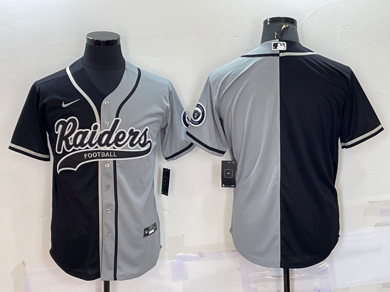 Men's Las Vegas Raiders Blank Black/Grey Split With Patch Cool Base Stitched Baseball Jersey Men's Las Vegas Raiders Blank Black/Grey Split With Patch Cool Base Stitched Baseball Jersey