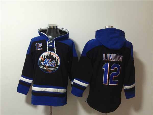 Men's New York Mets #12 Francisco Lindor Black/Blue Ageless Must-Have Lace-Up Pullover Hoodie Men's New York Mets #12 Francisco Lindor Black/Blue Ageless Must-Have Lace-Up Pullover Hoodie