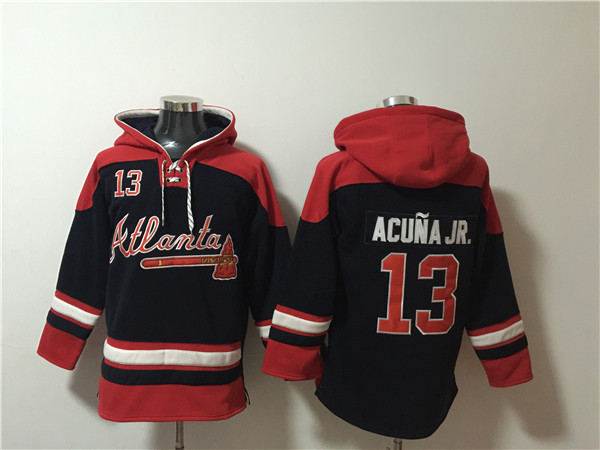 Men's Atlanta Braves #13 Ronald Acuña Jr. Navy/Red Ageless Must-Have Lace-Up Pullover Hoodie Men's Atlanta Braves #13 Ronald Acuña Jr. Navy/Red Ageless Must-Have Lace-Up Pullover Hoodie