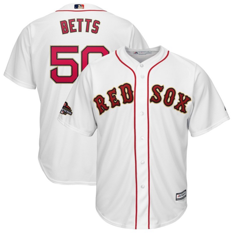 Men's Boston Red Sox #50 Mookie Betts Majestic White 2019 Gold Program Cool Base Stitched MLB Jersey Men's Boston Red Sox #50 Mookie Betts Majestic White 2019 Gold Program Cool Base Stitched MLB Jersey