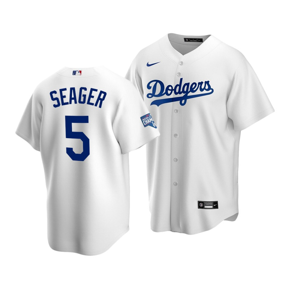 Men's Los Angeles Dodgers #5 Corey Seager White 2020 World Series Champions Home Patch Cool Base Stitched MLB Jersey Men's Los Angeles Dodgers #5 Corey Seager White 2020 World Series Champions Home Patch Cool Base Stitched MLB Jersey