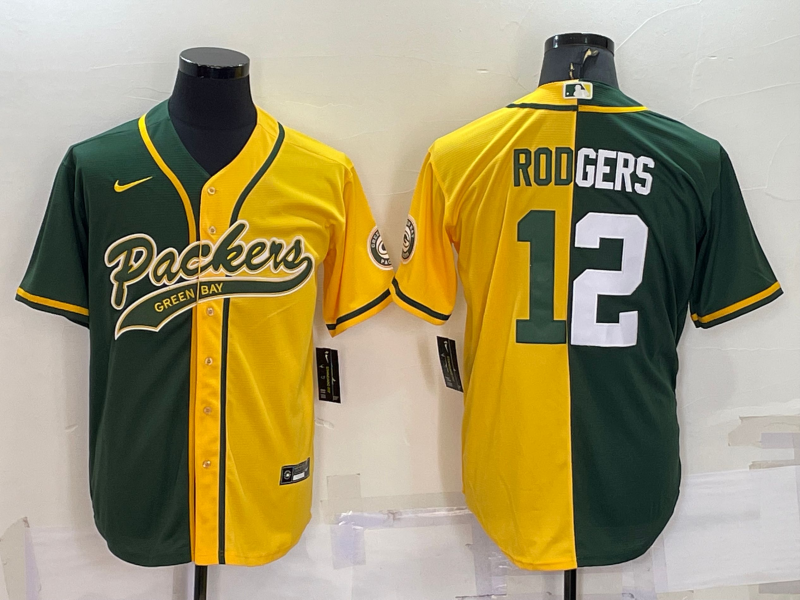 Men's Green Bay Packers #12 Aaron Rodgers Green/Yellow Split With Patch Cool Base Stitched Baseball Jersey Men's Green Bay Packers #12 Aaron Rodgers Green/Yellow Split With Patch Cool Base Stitched Baseball Jersey