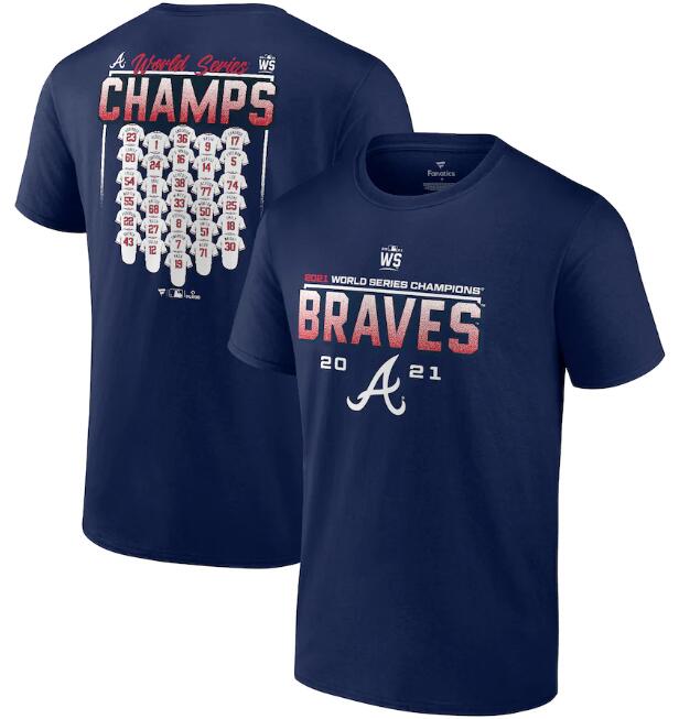 Men's Atlanta Braves 2021 Navy World Series Champions Jersey Roster T-Shirt Men's Atlanta Braves 2021 Navy World Series Champions Jersey Roster T-Shirt