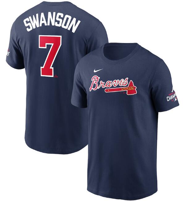 Men's Atlanta Braves #7 Dansby Swanson 2021 Navy World Series Champions Player Name & Number T-Shirt Men's Atlanta Braves #7 Dansby Swanson 2021 Navy World Series Champions Player Name & Number T-Shirt