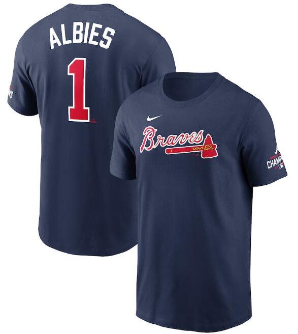 Men's Atlanta Braves #1 Ozzie Albies 2021 Navy World Series Champions Player Name & Number T-Shirt Men's Atlanta Braves #1 Ozzie Albies 2021 Navy World Series Champions Player Name & Number T-Shirt