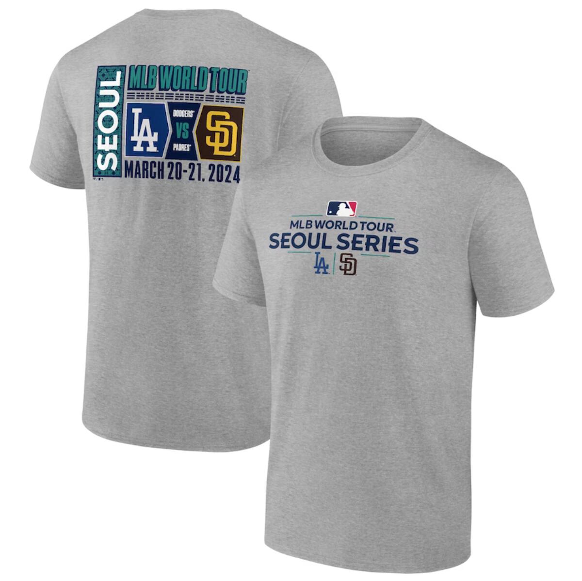Men's San Diego Padres vs. Los Angeles Dodgers Heather Gray 2024 World Tour Seoul Series Matchup T-Shirt Men's San Diego Padres vs. Los Angeles Dodgers Heather Gray 2024 World Tour Seoul Series Matchup T-Shirt