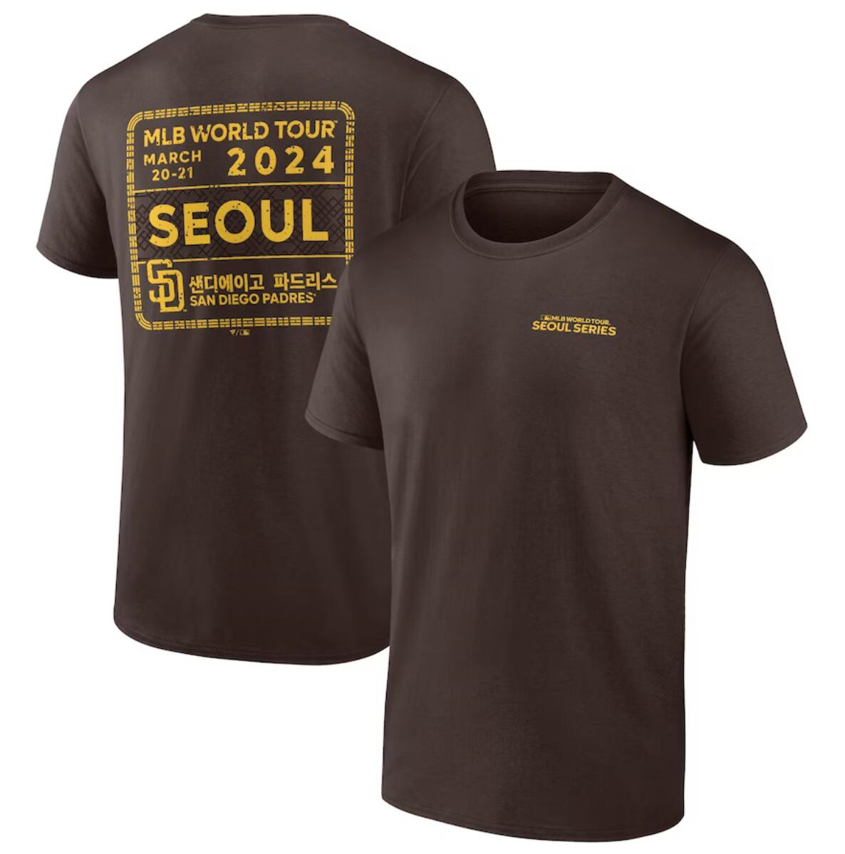 Men's San Diego Padres Brown 2024 World Tour Seoul Series Stamp T-Shirt Men's San Diego Padres Brown 2024 World Tour Seoul Series Stamp T-Shirt