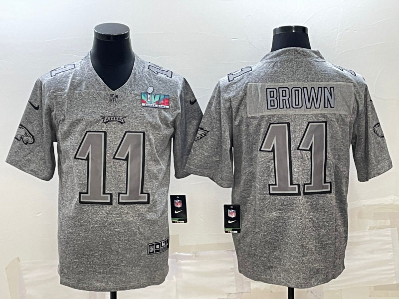 Men's Philadelphia Eagles #11 A. J. Brown Grey Super Bowl LVII Patch Stitched Jersey Men's Philadelphia Eagles #11 A. J. Brown Grey Super Bowl LVII Patch Stitched Jersey