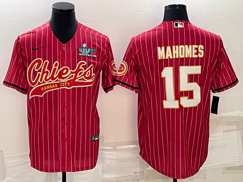 Men's Kansas City Chiefs #15 Patrick Mahomes Red With Super Bowl LVII Patch Cool Base Stitched Baseball Jersey Men's Kansas City Chiefs #15 Patrick Mahomes Red With Super Bowl LVII Patch Cool Base Stitched Baseball Jersey