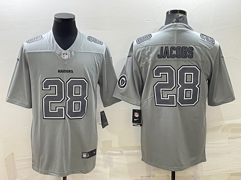 Men's Las Vegas Raiders #28 Josh Jacobs Grey Atmosphere Fashion With Patch Stitched Jersey Men's Las Vegas Raiders #28 Josh Jacobs Grey Atmosphere Fashion With Patch Stitched Jersey