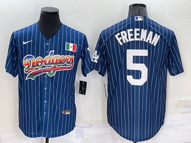 Men's Los Angeles Dodgers #5 Freddie Freeman Navy Mexico Rainbow Cool Base Stitched Baseball Jersey Men's Los Angeles Dodgers #5 Freddie Freeman Navy Mexico Rainbow Cool Base Stitched Baseball Jersey
