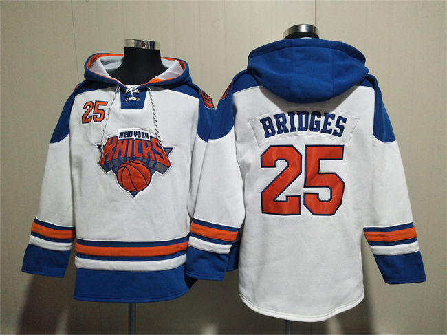 Men's New Yok Knicks #25 Mikal Bridges White Lace-Up Pullover Hoodie Men's New Yok Knicks #25 Mikal Bridges White Lace-Up Pullover Hoodie