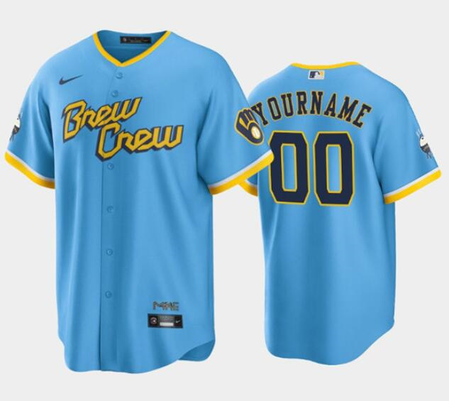 Men's Milwaukee Brewers Customized 2022 Powder Blue City Connect Cool Base Stitched Baseball Jersey Men's Milwaukee Brewers Customized 2022 Powder Blue City Connect Cool Base Stitched Baseball Jersey