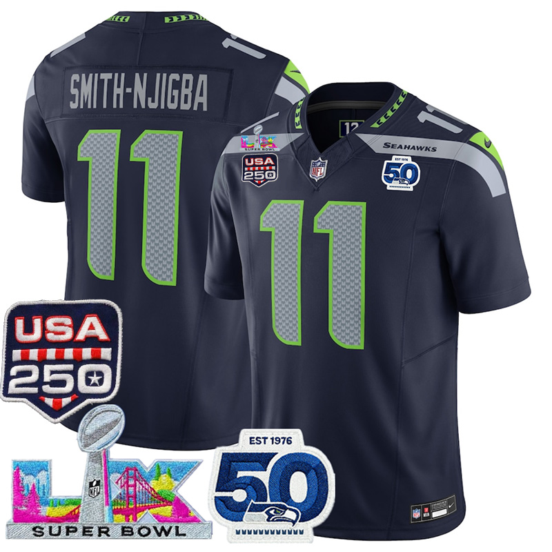 Men's Seattle Seahawks #11 Jaxon Smith-Njigba Navy 2025 F.U.S.E. Super Bowl LX Patch And 50th Season & USA 250' Patch Vapor Limited Football Stitched Jersey
