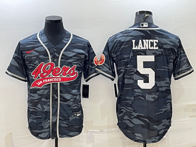 Men's San Francisco 49ers #5 Trey Lance Grey Camo With Patch Cool Base Stitched Baseball Jersey Men's San Francisco 49ers #5 Trey Lance Grey Camo With Patch Cool Base Stitched Baseball Jersey