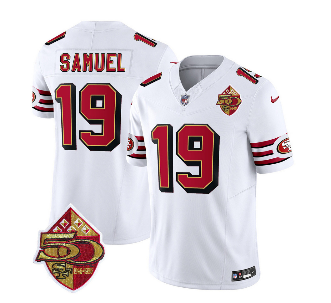 Men's San Francisco 49ers #19 Deebo Samuel White 2023 F.U.S.E. 50th Patch Throwback Stitched Football Jersey Men's San Francisco 49ers #19 Deebo Samuel White 2023 F.U.S.E. 50th Patch Throwback Stitched Football Jersey