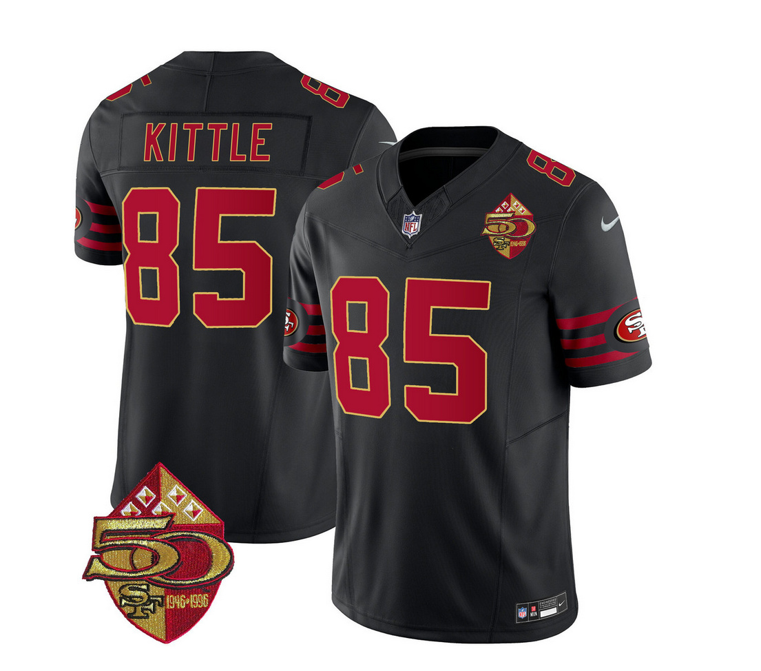 Men's San Francisco 49ers #85 George Kittle Black 2023 F.U.S.E. 50th Patch Vapor Limited Stitched Football Jersey Men's San Francisco 49ers #85 George Kittle Black 2023 F.U.S.E. 50th Patch Vapor Limited Stitched Football Jersey