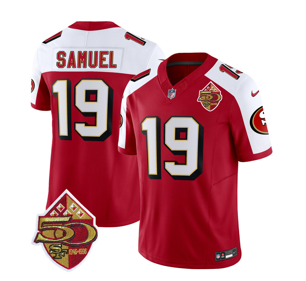 Men's San Francisco 49ers #19 Deebo Samuel Red/White 2023 F.U.S.E. 50th Patch Throwback Stitched Football Jersey Men's San Francisco 49ers #19 Deebo Samuel Red/White 2023 F.U.S.E. 50th Patch Throwback Stitched Football Jersey