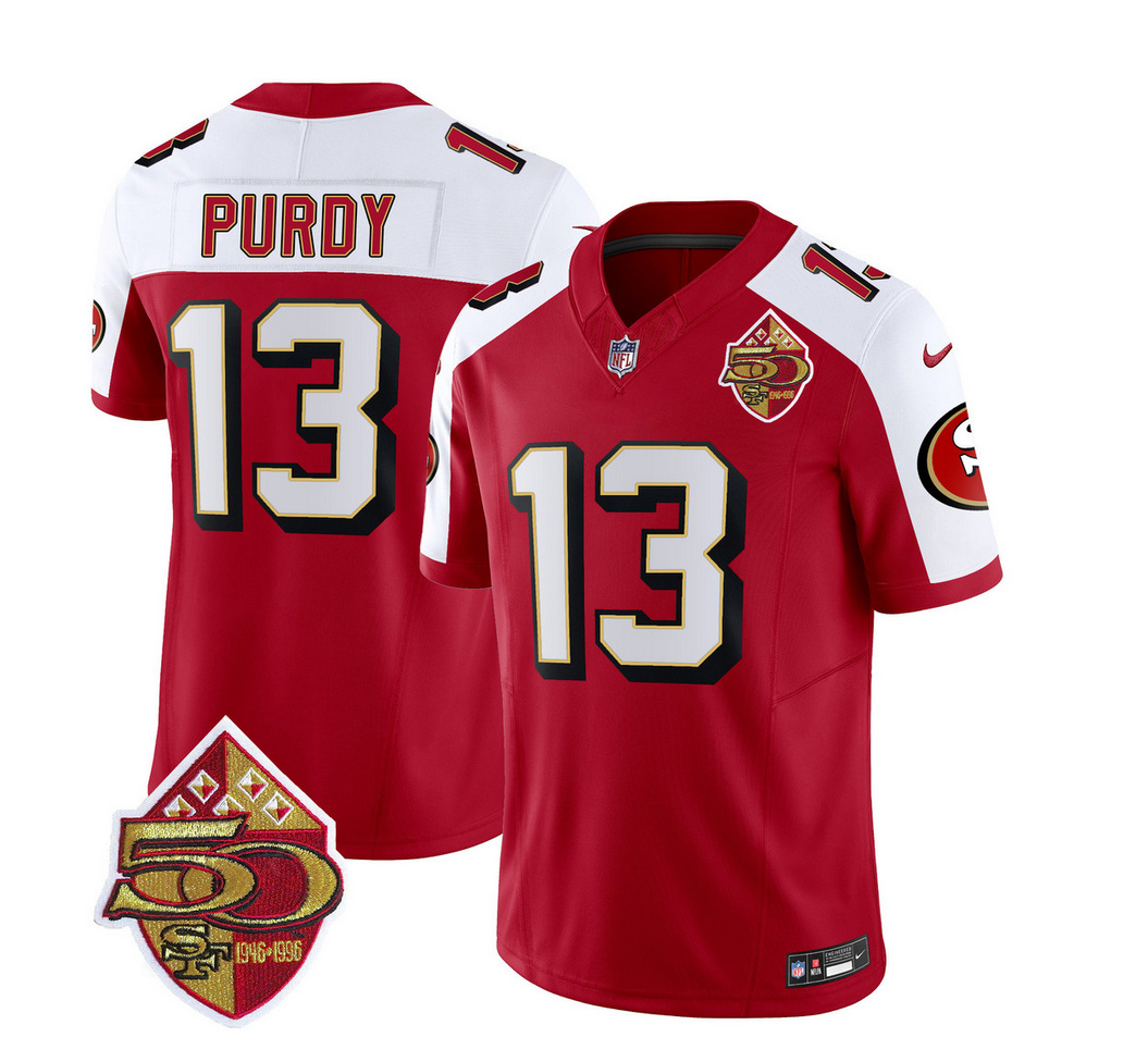 Men's San Francisco 49ers #13 Brock Purdy Red/White 2023 F.U.S.E. 50th Patch Throwback Stitched Football Jersey Men's San Francisco 49ers #13 Brock Purdy Red/White 2023 F.U.S.E. 50th Patch Throwback Stitched Football Jersey