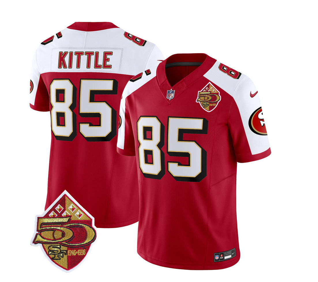 Men's San Francisco 49ers #85 George Kittle Red/White 2023 F.U.S.E. 50th Patch Throwback Stitched Football Jersey Men's San Francisco 49ers #85 George Kittle Red/White 2023 F.U.S.E. 50th Patch Throwback Stitched Football Jersey