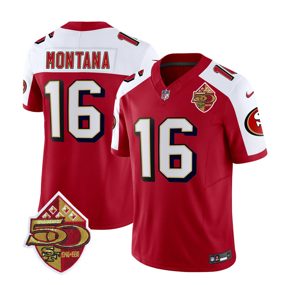 Men's San Francisco 49ers #16 Joe Montana Red/White 2023 F.U.S.E. 50th Patch Throwback Stitched Football Jersey Men's San Francisco 49ers #16 Joe Montana Red/White 2023 F.U.S.E. 50th Patch Throwback Stitched Football Jersey