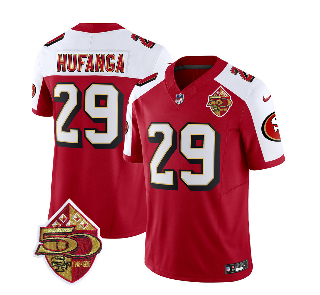 Men's San Francisco 49ers #29 Talanoa Hufanga Red/White 2023 F.U.S.E. 50th Patch Throwback Stitched Football Jersey Men's San Francisco 49ers #29 Talanoa Hufanga Red/White 2023 F.U.S.E. 50th Patch Throwback Stitched Football Jersey