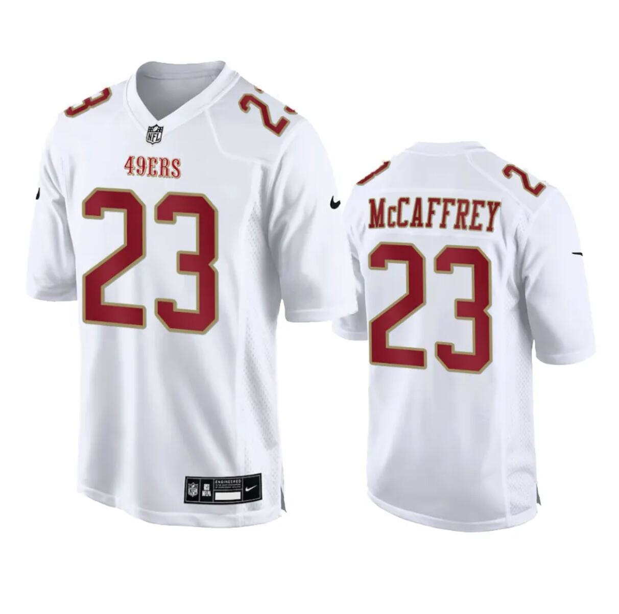 Men's San Francisco 49ers #23 Christian McCaffrey White Fashion Vapor Untouchable Limited Stitched Football Jersey Men's San Francisco 49ers #23 Christian McCaffrey White Fashion Vapor Untouchable Limited Stitched Football Jersey
