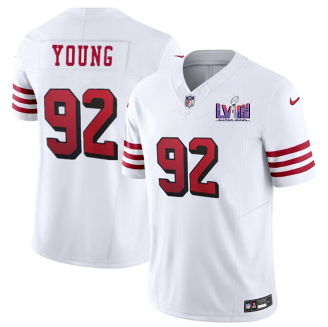 Men's San Francisco 49ers #92 Chase Young New White F.U.S.E. Super Bowl LVIII Patch Vapor Untouchable Limited Stitched Football Jersey Men's San Francisco 49ers #92 Chase Young New White F.U.S.E. Super Bowl LVIII Patch Vapor Untouchable Limited Stitched Football Jersey