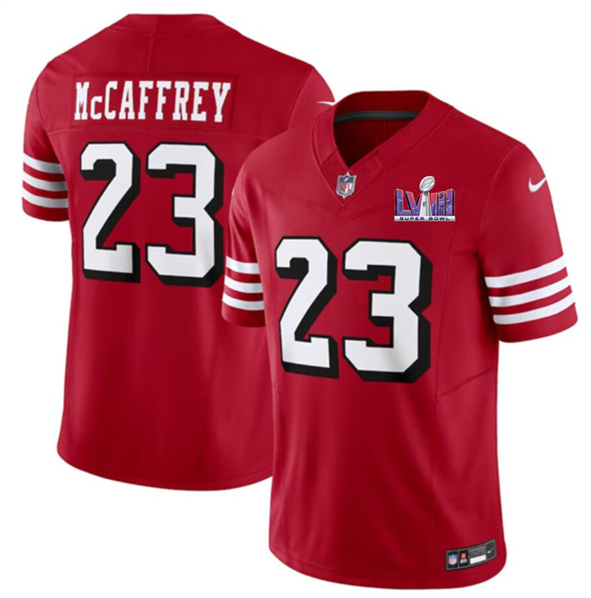 Men's San Francisco 49ers #23 Christian McCaffrey New Red F.U.S.E. Super Bowl LVIII Patch Vapor Untouchable Limited Stitched Football Jersey Men's San Francisco 49ers #23 Christian McCaffrey New Red F.U.S.E. Super Bowl LVIII Patch Vapor Untouchable Limited Stitched Football Jersey
