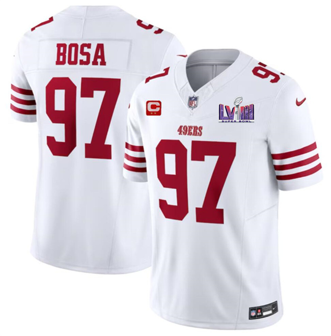 Men's San Francisco 49ers #97 Nick Bosa White F.U.S.E. Super Bowl LVIII Patch And 2-star C Patch Vapor Untouchable Limited Stitched Football Jersey Men's San Francisco 49ers #97 Nick Bosa White F.U.S.E. Super Bowl LVIII Patch And 2-star C Patch Vapor Untouchable Limited Stitched Football Jersey