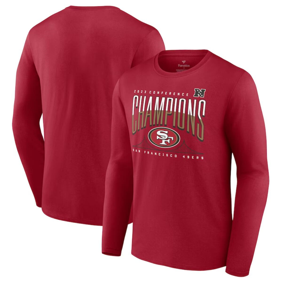 Men's San Francisco 49ers Scarlet 2023 NFC Champions Hometown Not Done Long Sleeve T-Shirt Men's San Francisco 49ers Scarlet 2023 NFC Champions Hometown Not Done Long Sleeve T-Shirt