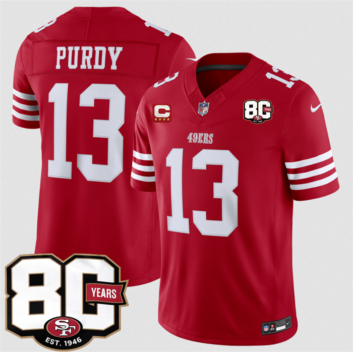 Men's San Francisco 49ers #13 Brock Purdy Red 2026 F.U.S.E. With 80th Anniversary & 4-Star C Patch Vapor Untouchabl Limited Stitched Football Jersey