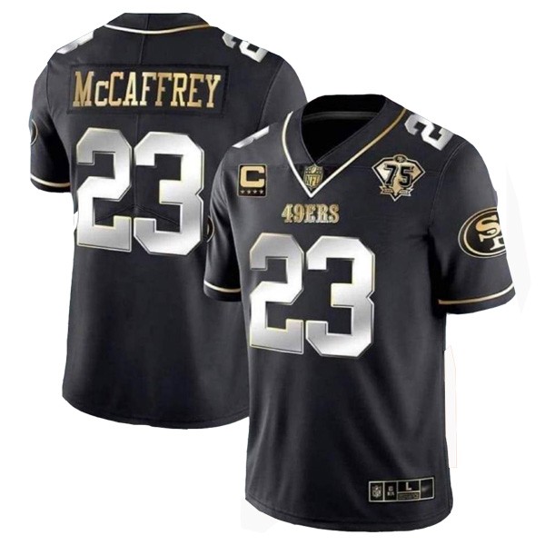 Men's San Francisco 49ers #23 Christian McCaffrey Black/Gold With C Patch Vapor Untouchable Limited Stitched Football Jersey Men's San Francisco 49ers #23 Christian McCaffrey Black/Gold With C Patch Vapor Untouchable Limited Stitched Football Jersey