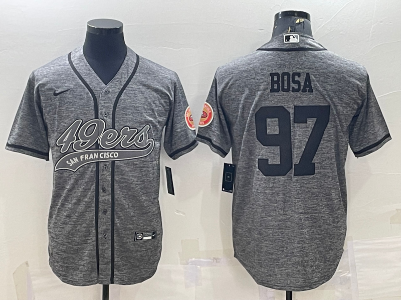 Men's San Francisco 49ers #97 Nick Bosa Grey With Patch Cool Base Stitched Baseball Jersey Men's San Francisco 49ers #97 Nick Bosa Grey With Patch Cool Base Stitched Baseball Jersey
