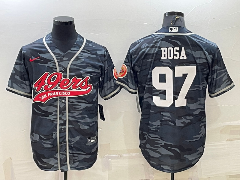 Men's San Francisco 49ers #97 Nick Bosa Grey Camo With Patch Cool Base Stitched Baseball Jersey Men's San Francisco 49ers #97 Nick Bosa Grey Camo With Patch Cool Base Stitched Baseball Jersey