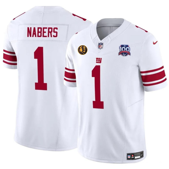 Men's New York Giants #1 Malik Nabers White 2024 Draft F.U.S.E. With John Madden Patch And 100TH Season Patch Vapor Untouchable Limited Stitched Jersey Men's New York Giants #1 Malik Nabers White 2024 Draft F.U.S.E. With John Madden Patch And 100TH Season Patch Vapor Untouchable Limited Stitched Jersey