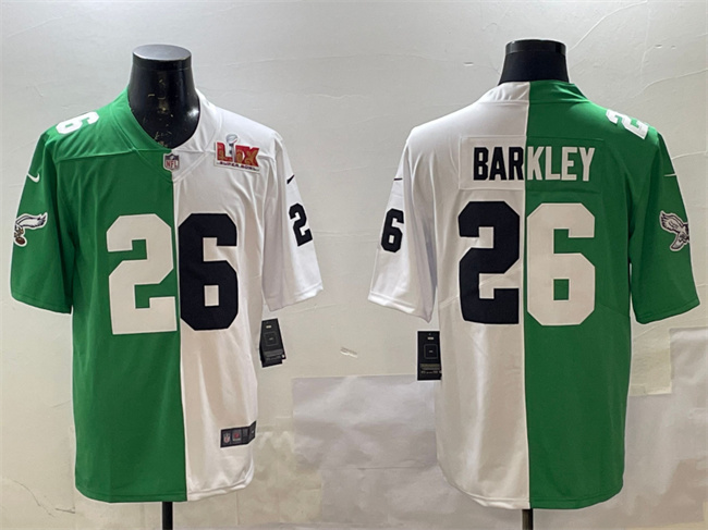 Men's Philadelphia Eagles #26 Saquon Barkley Green/White Split 2025 Super Bowl LIX Patch Vapor Untouchable Limited Stitched Football Jersey Men's Philadelphia Eagles #26 Saquon Barkley Green/White Split 2025 Super Bowl LIX Patch Vapor Untouchable Limited Stitched Football Jersey
