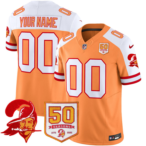 Men's Tampa Bay Buccaneers Active Player Custom Orange/White 2025 F.U.S.E. 50th Season Patch Throwback Vapor Untouchable Limited Aternate Stitched Football Jersey