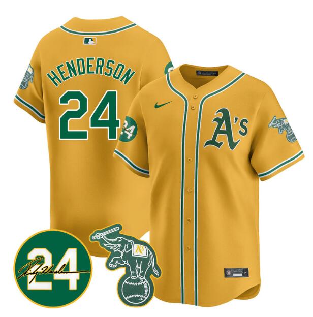 Men's Oakland Athletics #24 Ricky Henderson Yellow 2024 Home Limited With Patch Stitched Jersey